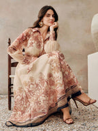 Anewsta Vestido Longo com Amarração na Cintura, Floral de Alta Qualidade em Cor Damasco, Primavera/Verão