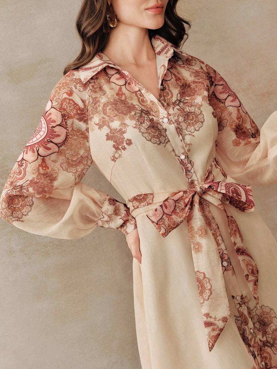 Anewsta Vestido Longo com Amarração na Cintura, Floral de Alta Qualidade em Cor Damasco, Primavera/Verão