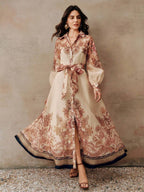 Anewsta Vestido Longo com Amarração na Cintura, Floral de Alta Qualidade em Cor Damasco, Primavera/Verão
