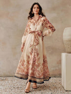 Anewsta Vestido Longo com Amarração na Cintura, Floral de Alta Qualidade em Cor Damasco, Primavera/Verão