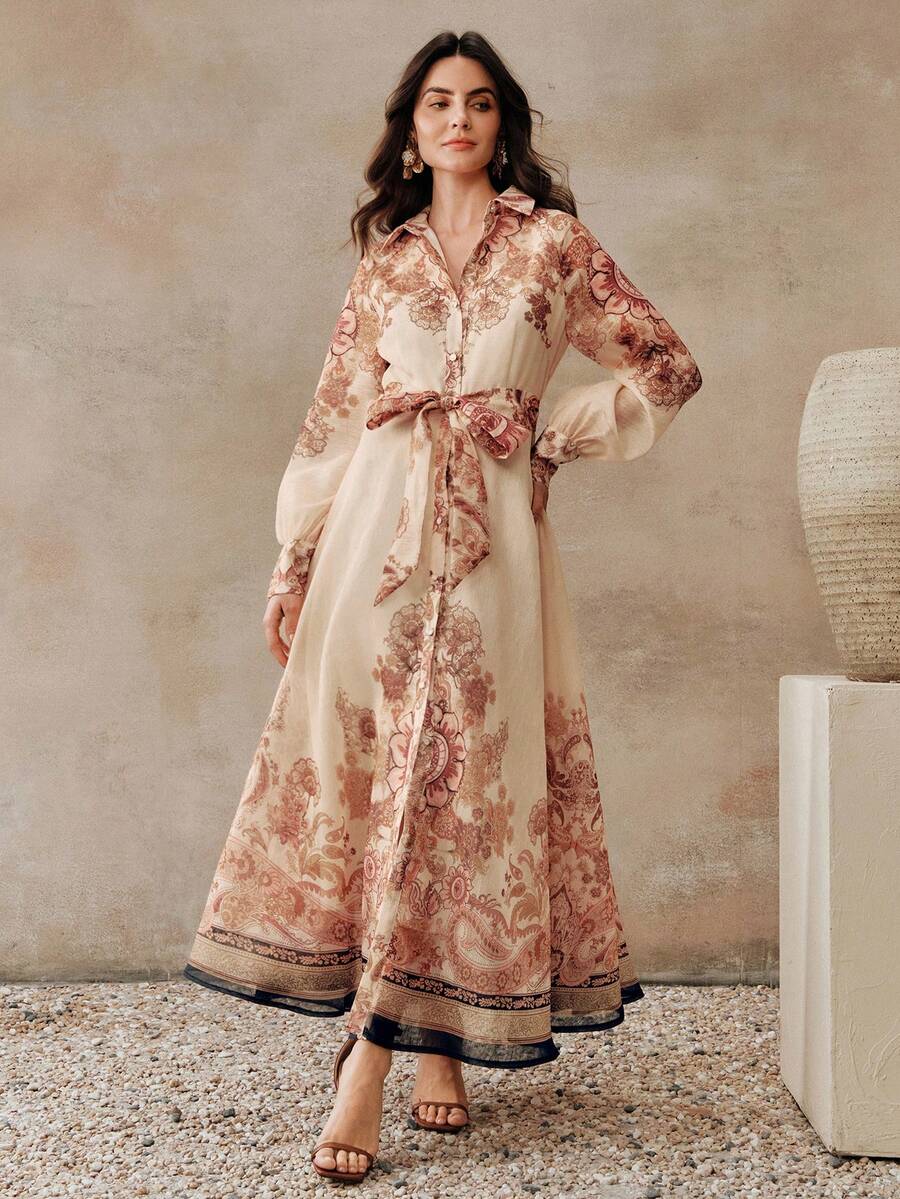 Anewsta Vestido Longo com Amarração na Cintura, Floral de Alta Qualidade em Cor Damasco, Primavera/Verão
