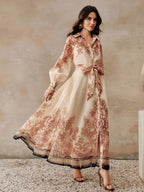 Anewsta Vestido Longo com Amarração na Cintura, Floral de Alta Qualidade em Cor Damasco, Primavera/Verão