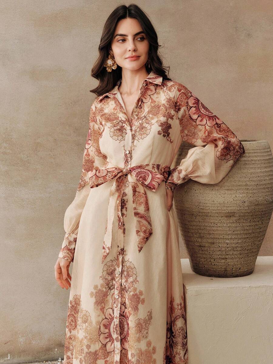 Anewsta Vestido Longo com Amarração na Cintura, Floral de Alta Qualidade em Cor Damasco, Primavera/Verão