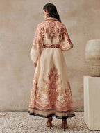 Anewsta Vestido Longo com Amarração na Cintura, Floral de Alta Qualidade em Cor Damasco, Primavera/Verão