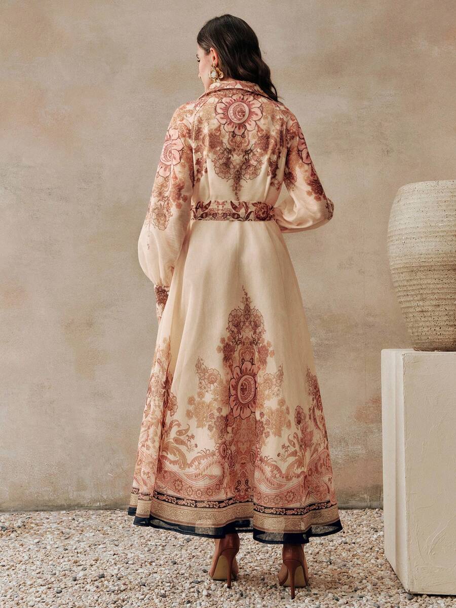 Anewsta Vestido Longo com Amarração na Cintura, Floral de Alta Qualidade em Cor Damasco, Primavera/Verão