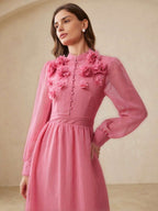 Aveloria Rosie Vestido de Tecido com Toque de Linho Elegante e Luxuoso Estilo Francês, com Gola Mandarim, Decoração Floral Intrincada, Botões na Frente, Design Cinturado na Cintura, Saia Longa Evasê, Adequado para Encontros e Férias