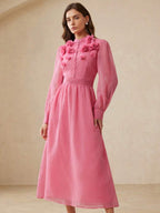 Aveloria Rosie Vestido de Tecido com Toque de Linho Elegante e Luxuoso Estilo Francês, com Gola Mandarim, Decoração Floral Intrincada, Botões na Frente, Design Cinturado na Cintura, Saia Longa Evasê, Adequado para Encontros e Férias