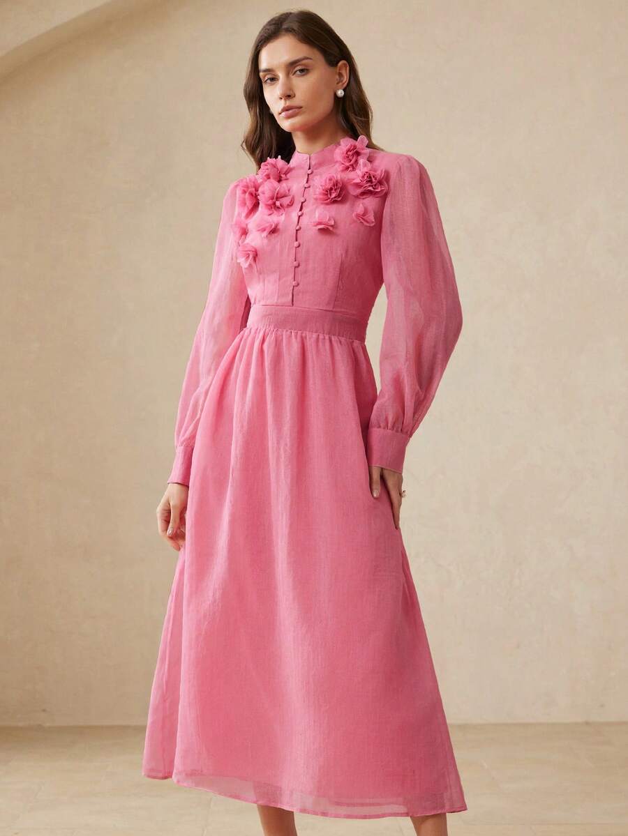 Aveloria Rosie Vestido de Tecido com Toque de Linho Elegante e Luxuoso Estilo Francês, com Gola Mandarim, Decoração Floral Intrincada, Botões na Frente, Design Cinturado na Cintura, Saia Longa Evasê, Adequado para Encontros e Férias