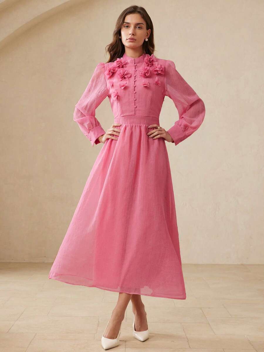 Aveloria Rosie Vestido de Tecido com Toque de Linho Elegante e Luxuoso Estilo Francês, com Gola Mandarim, Decoração Floral Intrincada, Botões na Frente, Design Cinturado na Cintura, Saia Longa Evasê, Adequado para Encontros e Férias
