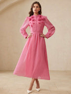 Aveloria Rosie Vestido de Tecido com Toque de Linho Elegante e Luxuoso Estilo Francês, com Gola Mandarim, Decoração Floral Intrincada, Botões na Frente, Design Cinturado na Cintura, Saia Longa Evasê, Adequado para Encontros e Férias