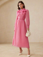 Aveloria Rosie Vestido de Tecido com Toque de Linho Elegante e Luxuoso Estilo Francês, com Gola Mandarim, Decoração Floral Intrincada, Botões na Frente, Design Cinturado na Cintura, Saia Longa Evasê, Adequado para Encontros e Férias