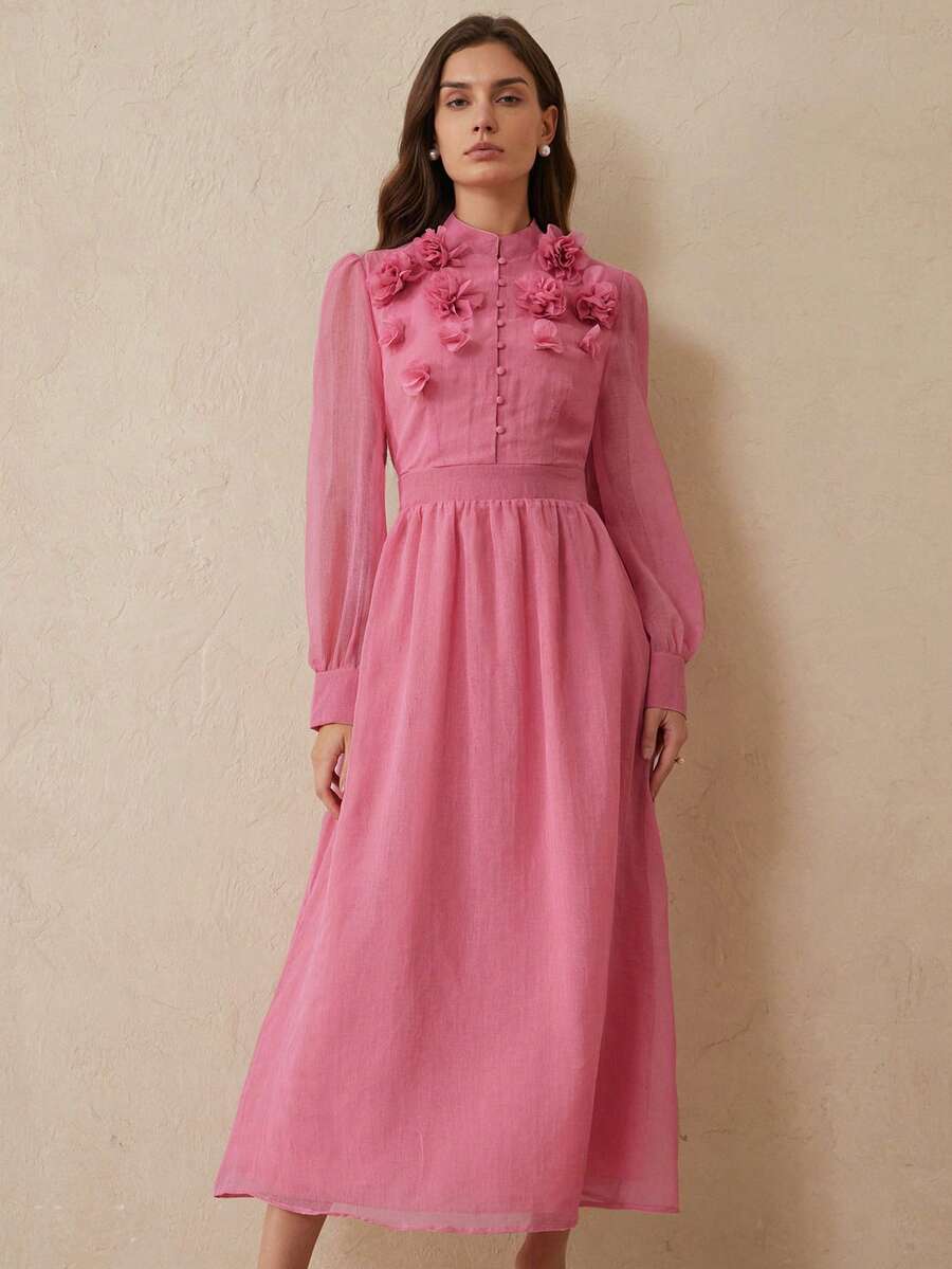 Aveloria Rosie Vestido de Tecido com Toque de Linho Elegante e Luxuoso Estilo Francês, com Gola Mandarim, Decoração Floral Intrincada, Botões na Frente, Design Cinturado na Cintura, Saia Longa Evasê, Adequado para Encontros e Férias
