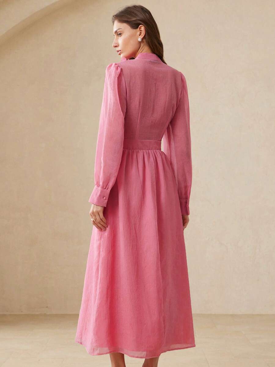 Aveloria Rosie Vestido de Tecido com Toque de Linho Elegante e Luxuoso Estilo Francês, com Gola Mandarim, Decoração Floral Intrincada, Botões na Frente, Design Cinturado na Cintura, Saia Longa Evasê, Adequado para Encontros e Férias