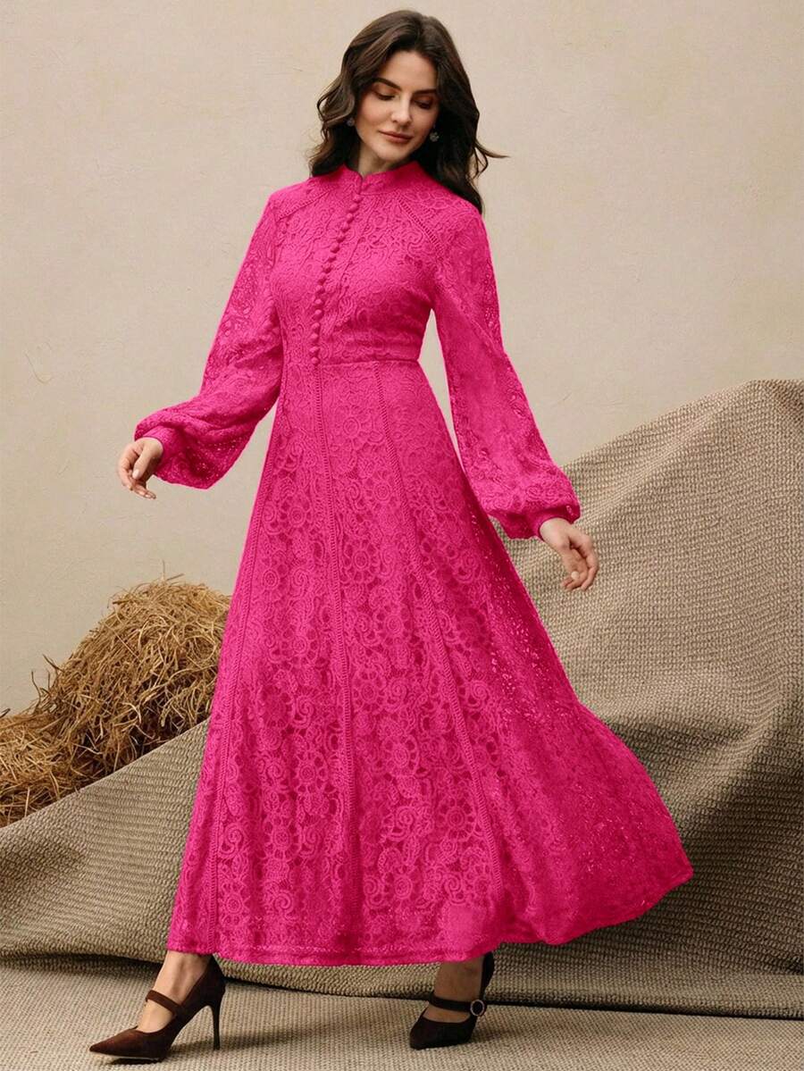 Anewsta Vestido Elegante de Manga Longa de Renda Bordô Máxi para Mulheres, Conjunto de Roupas Brancas de Primavera para Mulheres