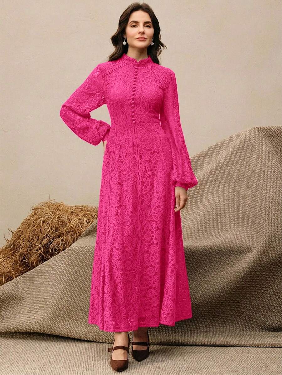 Anewsta Vestido Elegante de Manga Longa de Renda Bordô Máxi para Mulheres, Conjunto de Roupas Brancas de Primavera para Mulheres