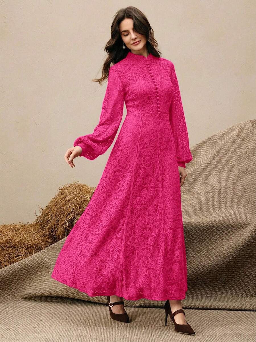 Anewsta Vestido Elegante de Manga Longa de Renda Bordô Máxi para Mulheres, Conjunto de Roupas Brancas de Primavera para Mulheres