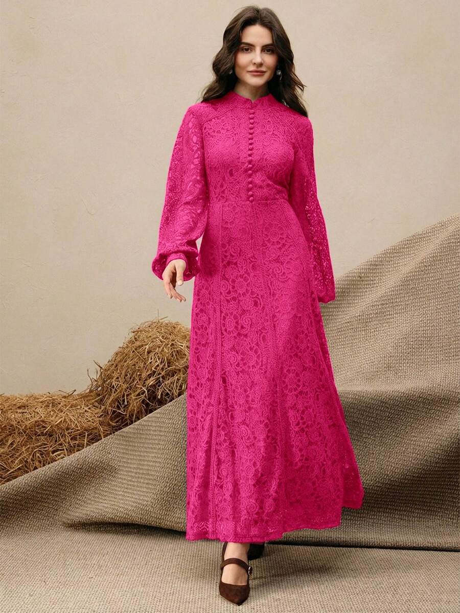 Anewsta Vestido Elegante de Manga Longa de Renda Bordô Máxi para Mulheres, Conjunto de Roupas Brancas de Primavera para Mulheres