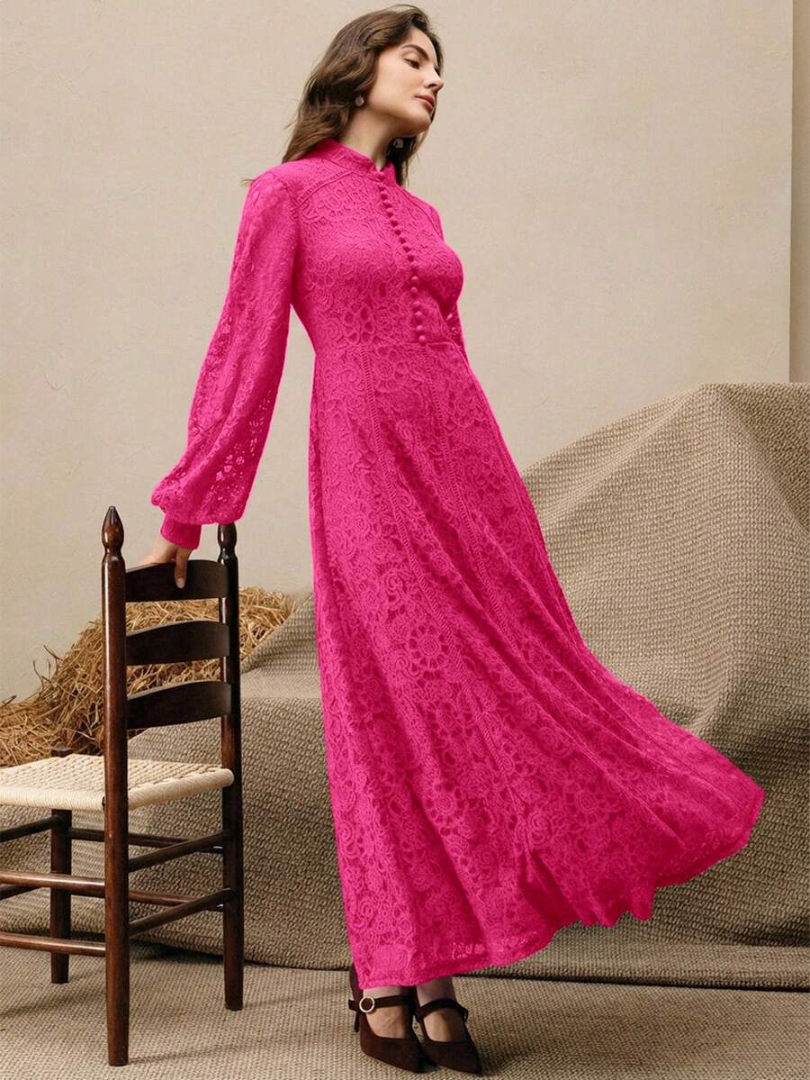 Anewsta Vestido Elegante de Manga Longa de Renda Bordô Máxi para Mulheres, Conjunto de Roupas Brancas de Primavera para Mulheres