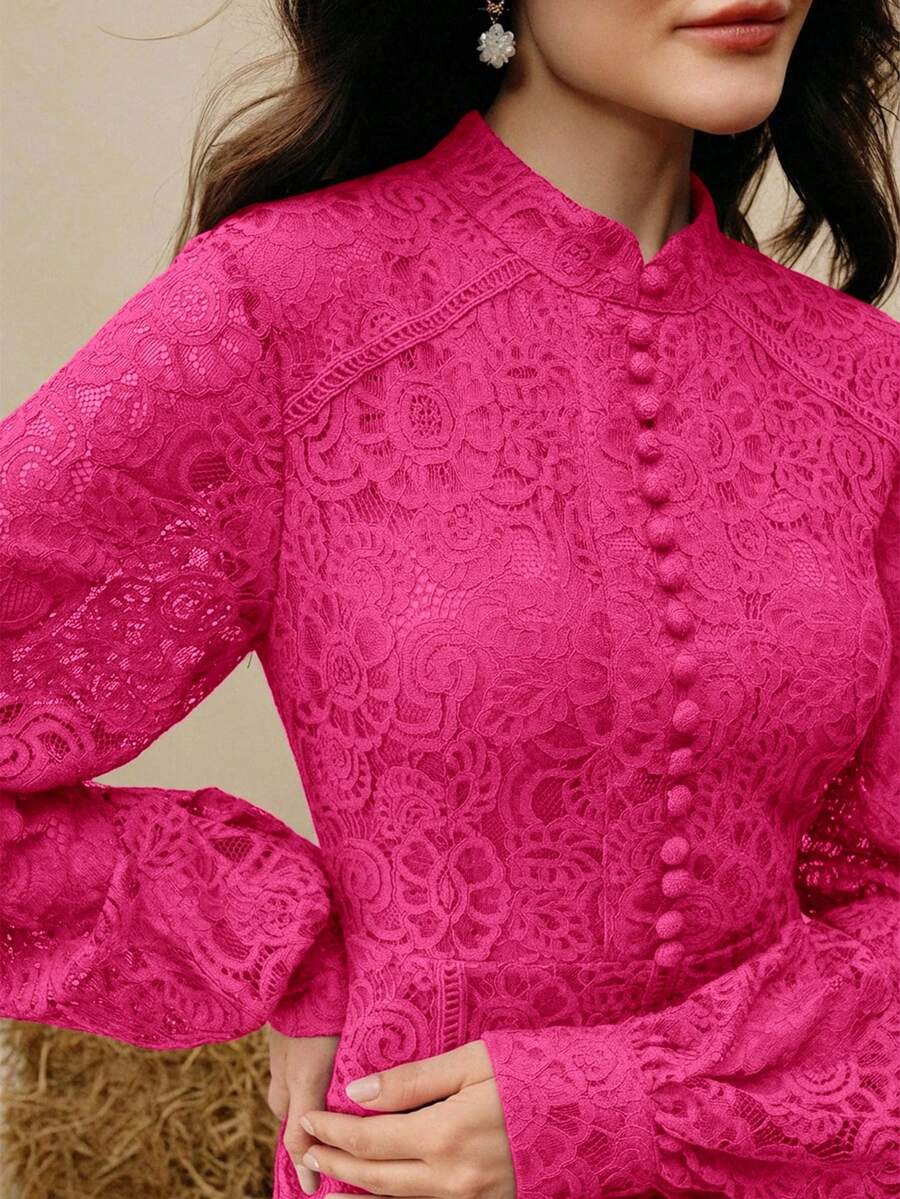 Anewsta Vestido Elegante de Manga Longa de Renda Bordô Máxi para Mulheres, Conjunto de Roupas Brancas de Primavera para Mulheres