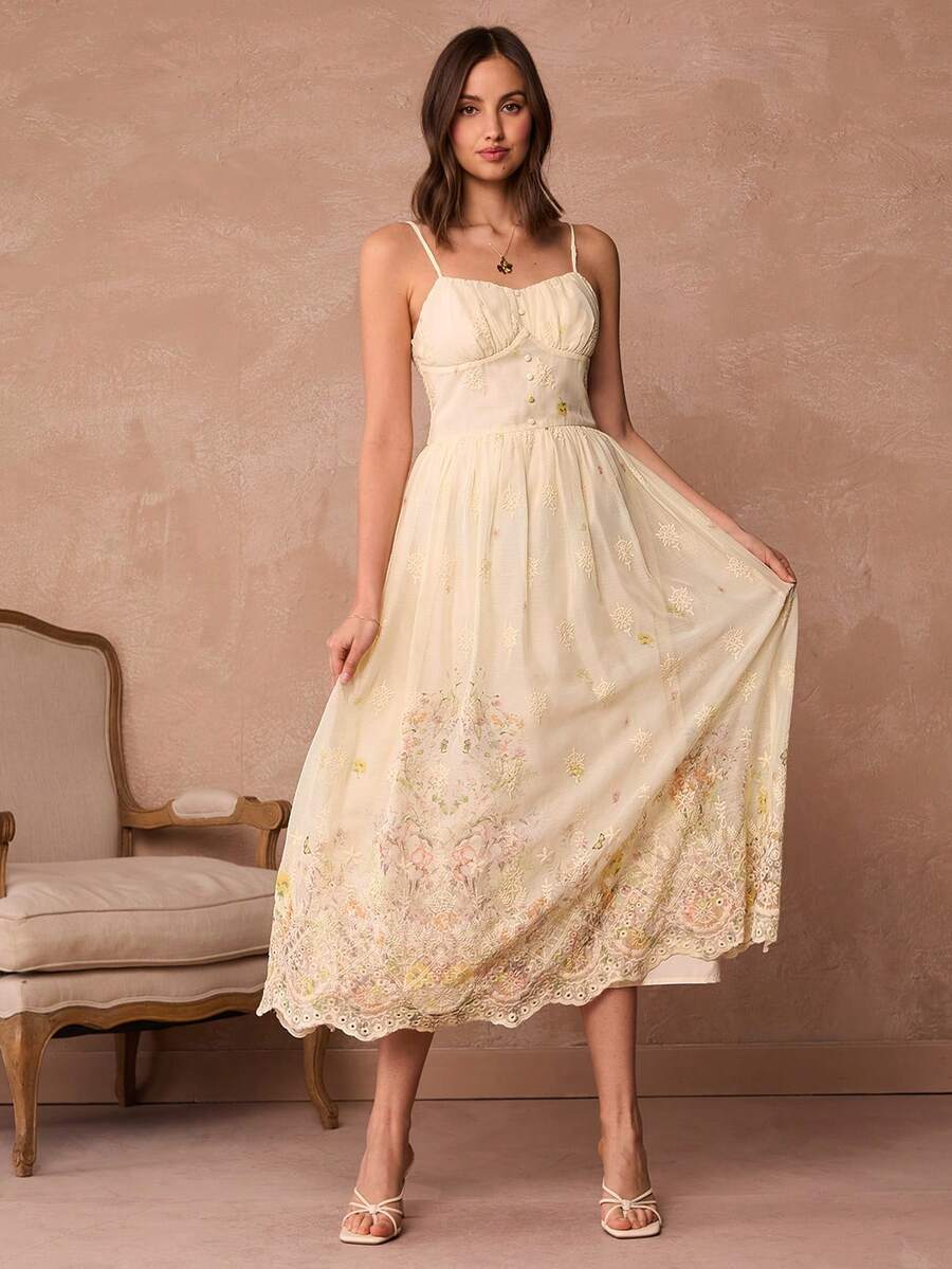 Vestido Longo Floral Bordado