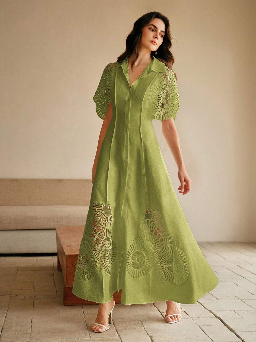 Anewsta Vestido Camisa Feminino de Cor Sólida, Abotoamento Único, Recorte Vazado