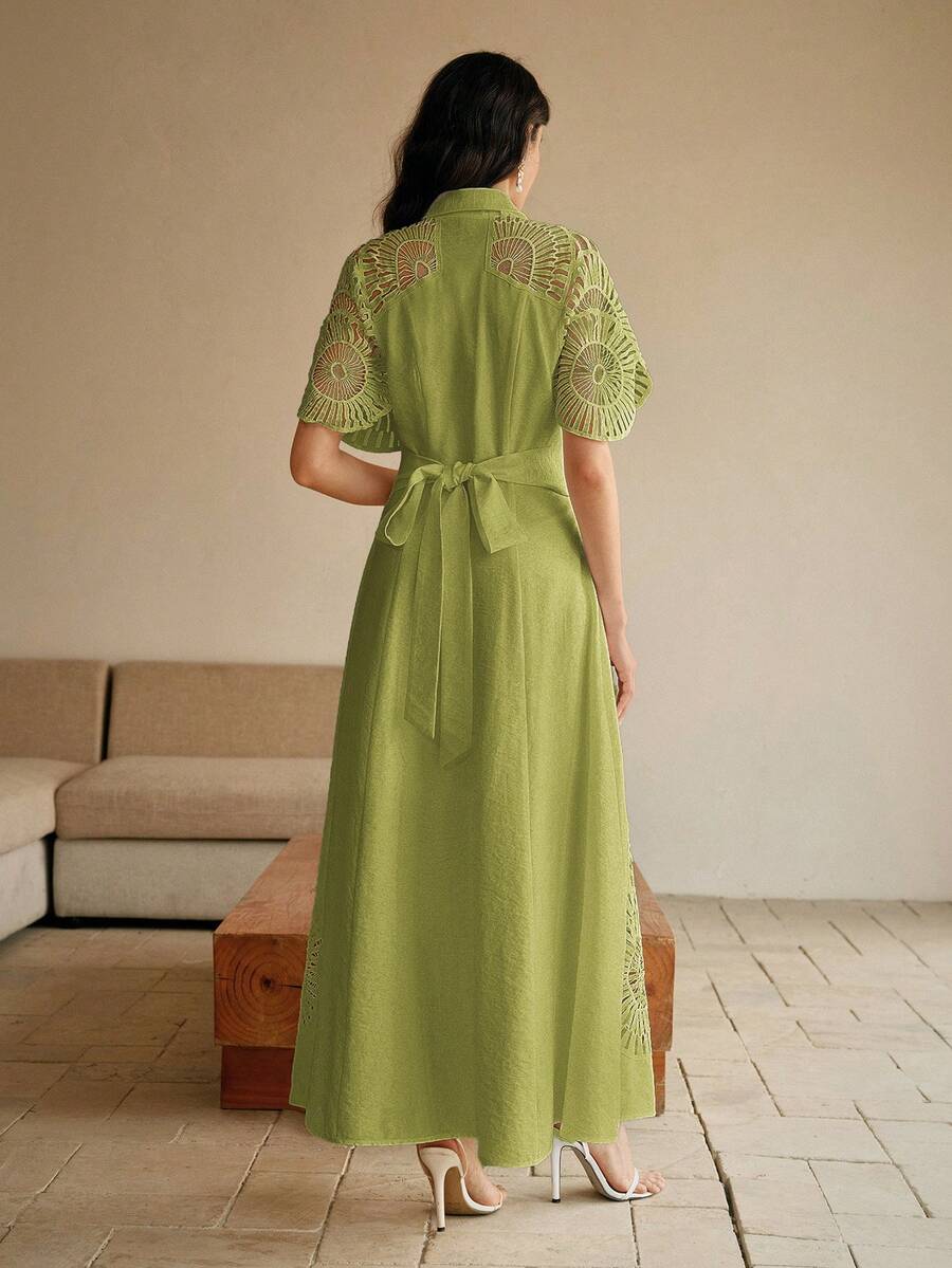 Anewsta Vestido Camisa Feminino de Cor Sólida, Abotoamento Único, Recorte Vazado