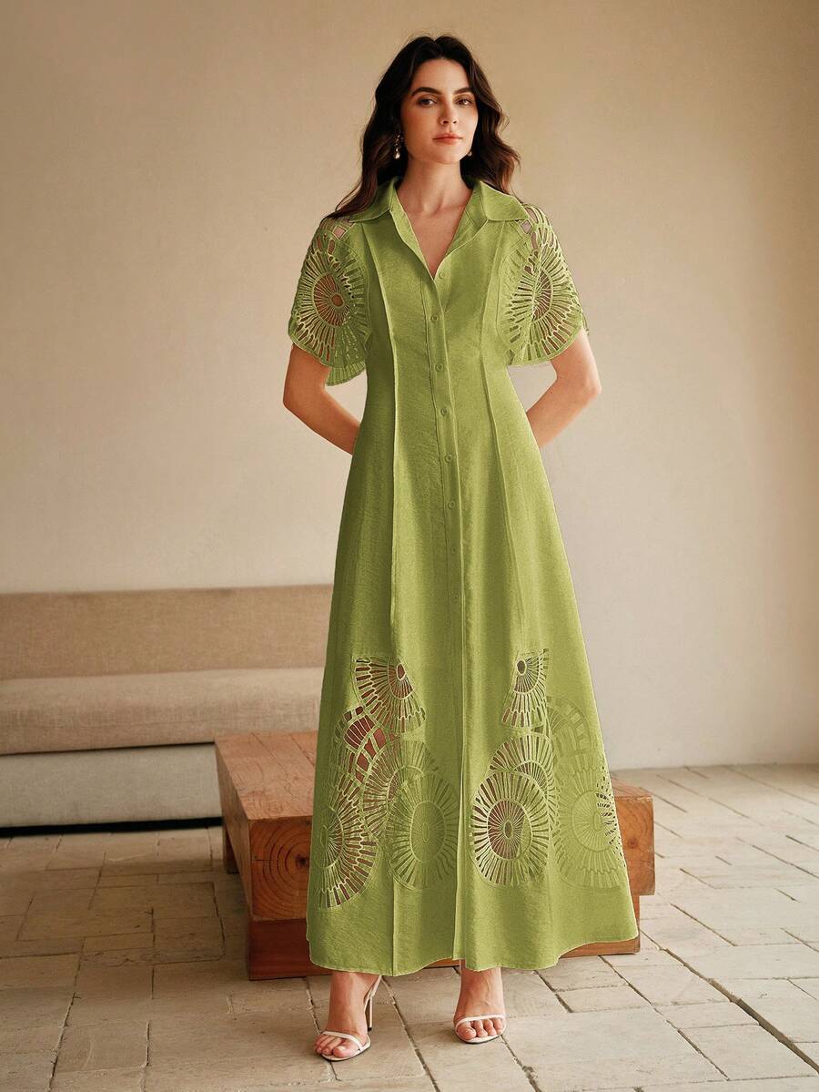 Anewsta Vestido Camisa Feminino de Cor Sólida, Abotoamento Único, Recorte Vazado