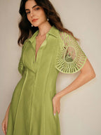 Anewsta Vestido Camisa Feminino de Cor Sólida, Abotoamento Único, Recorte Vazado