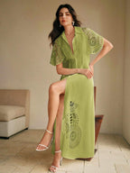Anewsta Vestido Camisa Feminino de Cor Sólida, Abotoamento Único, Recorte Vazado