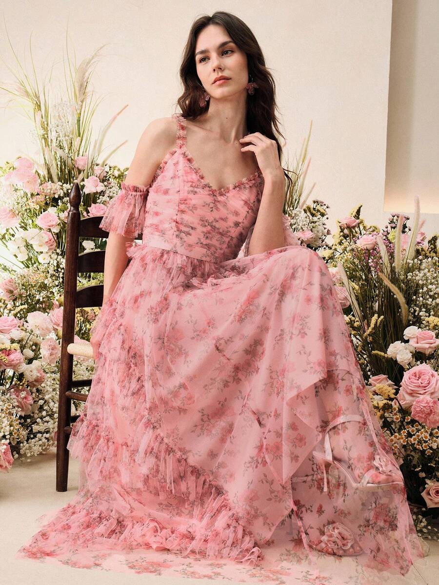 Anewsta Vestido Linha A com Alças Finas e Decote em V, Cintura Marcada e Saia de Tule Estampada, Novidade Primavera/Verão para Dia dos Namorados/Festa de Aniversário para Mulheres