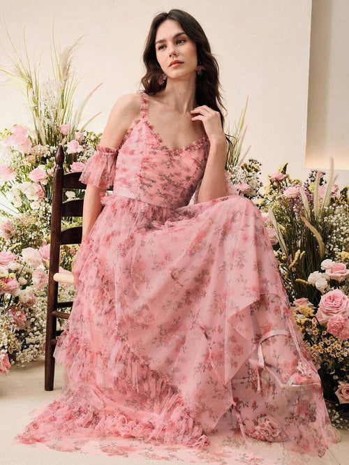 Anewsta Vestido Linha A com Alças Finas e Decote em V, Cintura Marcada e Saia de Tule Estampada, Novidade Primavera/Verão para Dia dos Namorados/Festa de Aniversário para Mulheres