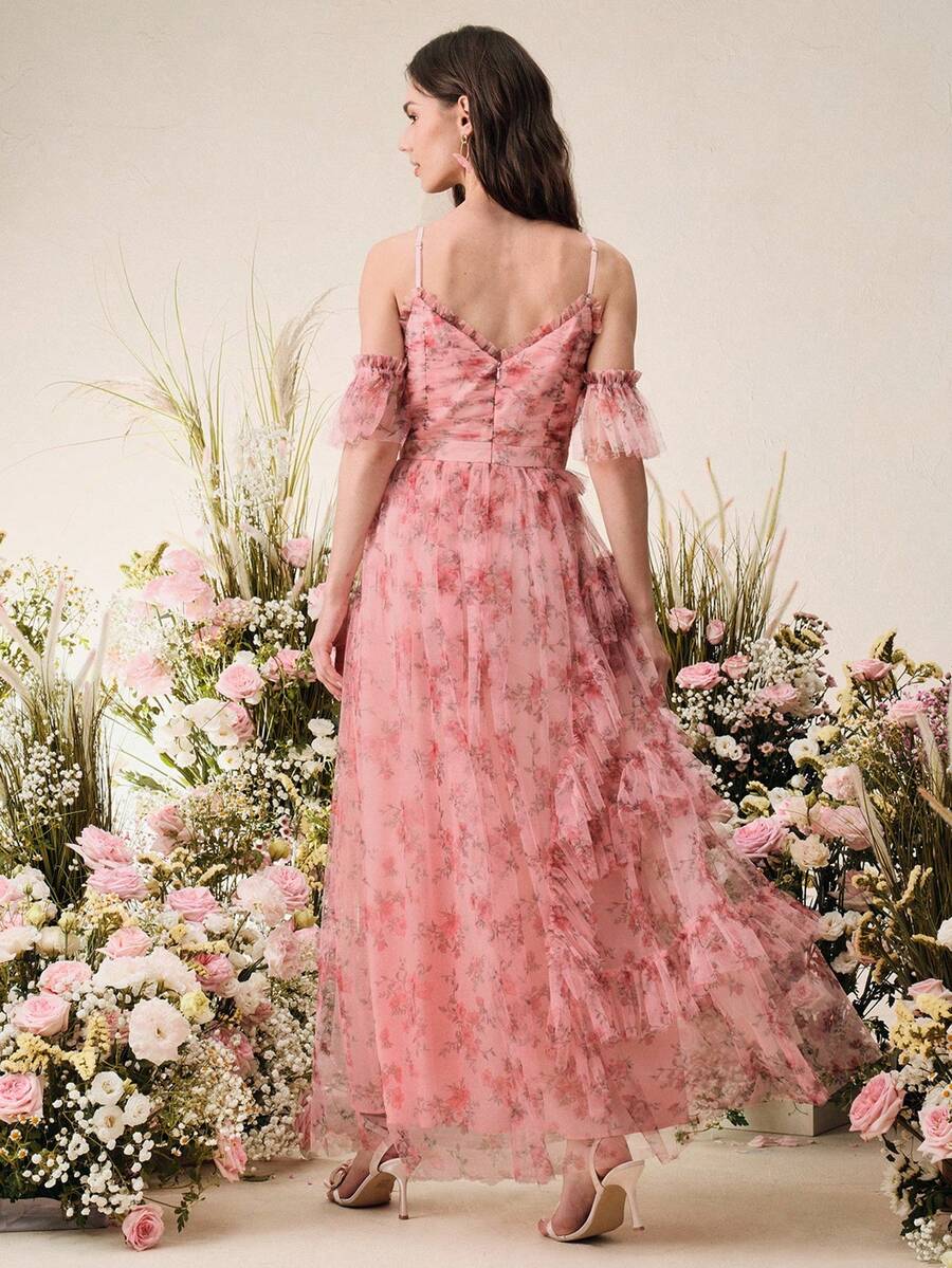 Anewsta Vestido Linha A com Alças Finas e Decote em V, Cintura Marcada e Saia de Tule Estampada, Novidade Primavera/Verão para Dia dos Namorados/Festa de Aniversário para Mulheres