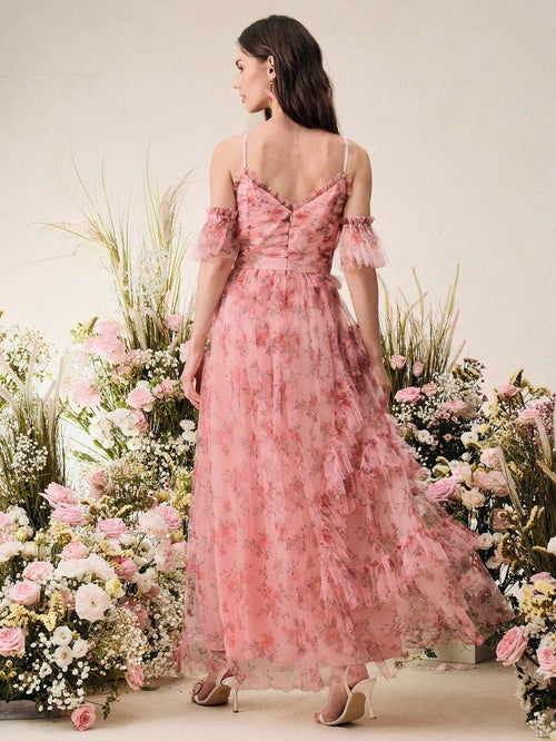 Anewsta Vestido Linha A com Alças Finas e Decote em V, Cintura Marcada e Saia de Tule Estampada, Novidade Primavera/Verão para Dia dos Namorados/Festa de Aniversário para Mulheres