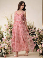 Anewsta Vestido Linha A com Alças Finas e Decote em V, Cintura Marcada e Saia de Tule Estampada, Novidade Primavera/Verão para Dia dos Namorados/Festa de Aniversário para Mulheres