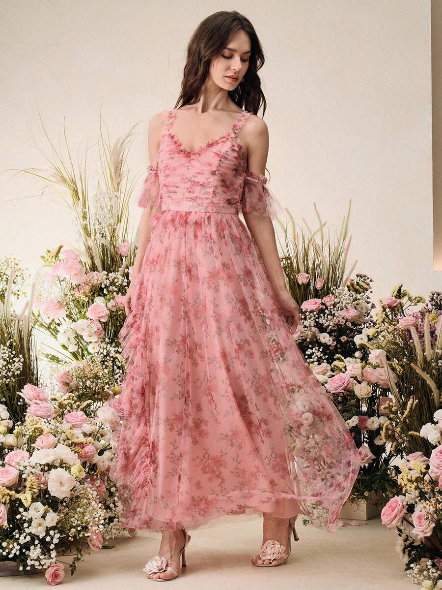 Anewsta Vestido Linha A com Alças Finas e Decote em V, Cintura Marcada e Saia de Tule Estampada, Novidade Primavera/Verão para Dia dos Namorados/Festa de Aniversário para Mulheres