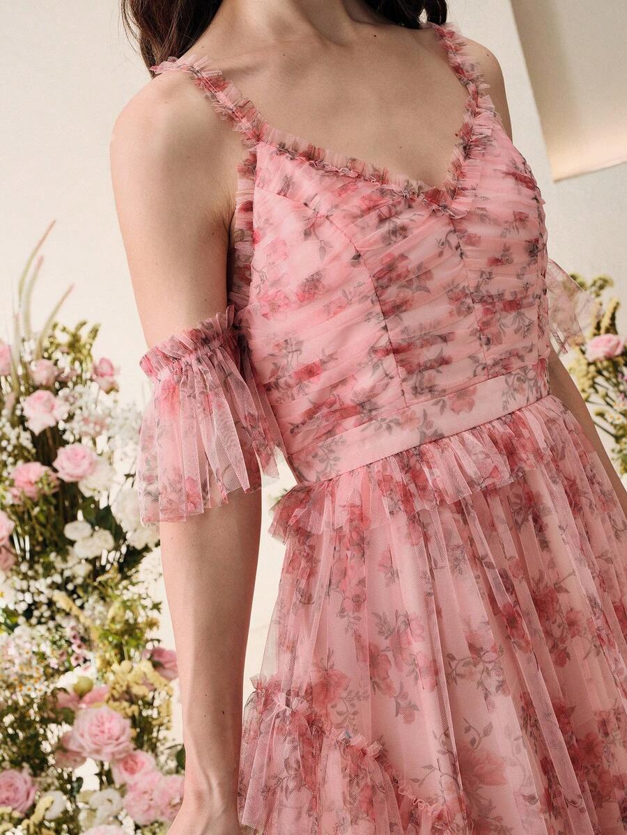 Anewsta Vestido Linha A com Alças Finas e Decote em V, Cintura Marcada e Saia de Tule Estampada, Novidade Primavera/Verão para Dia dos Namorados/Festa de Aniversário para Mulheres