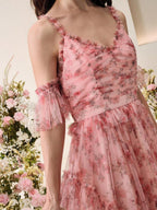 Anewsta Vestido Linha A com Alças Finas e Decote em V, Cintura Marcada e Saia de Tule Estampada, Novidade Primavera/Verão para Dia dos Namorados/Festa de Aniversário para Mulheres