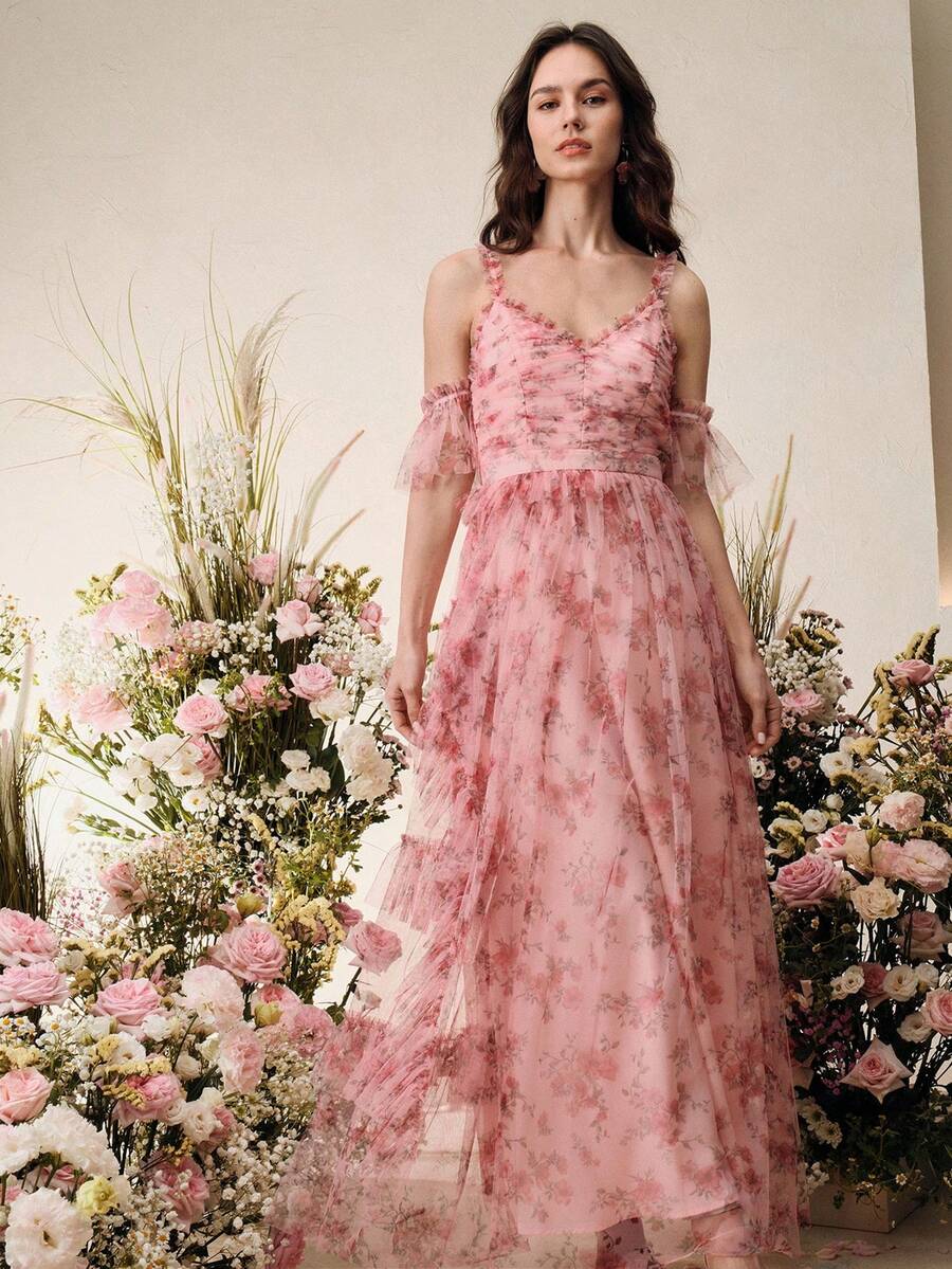 Anewsta Vestido Linha A com Alças Finas e Decote em V, Cintura Marcada e Saia de Tule Estampada, Novidade Primavera/Verão para Dia dos Namorados/Festa de Aniversário para Mulheres