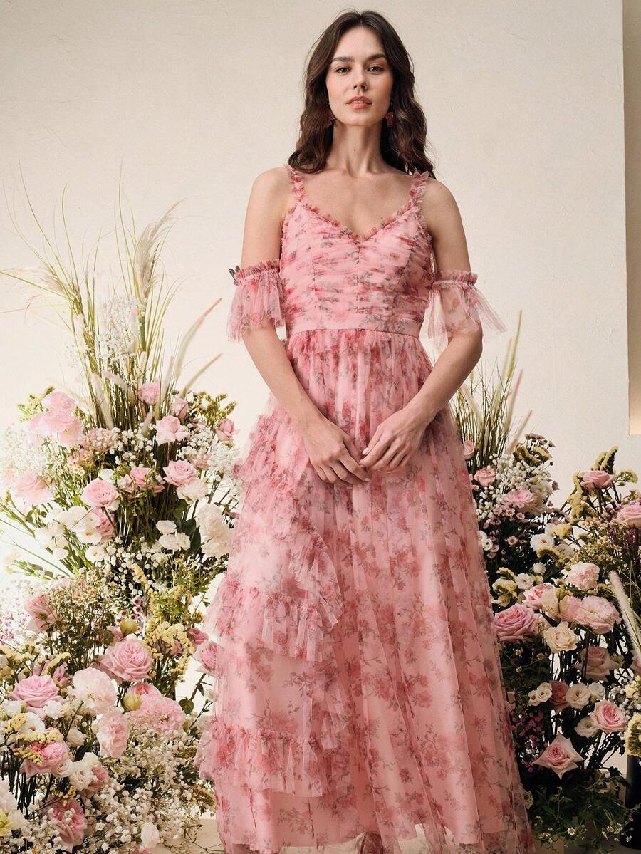 Anewsta Vestido Linha A com Alças Finas e Decote em V, Cintura Marcada e Saia de Tule Estampada, Novidade Primavera/Verão para Dia dos Namorados/Festa de Aniversário para Mulheres