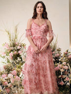 Anewsta Vestido Linha A com Alças Finas e Decote em V, Cintura Marcada e Saia de Tule Estampada, Novidade Primavera/Verão para Dia dos Namorados/Festa de Aniversário para Mulheres
