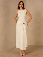 Enchnt Vestido Plissado de Luxo Francês, Vestido Formal Elegante e Ajustado de Alta Qualidade para Mulheres