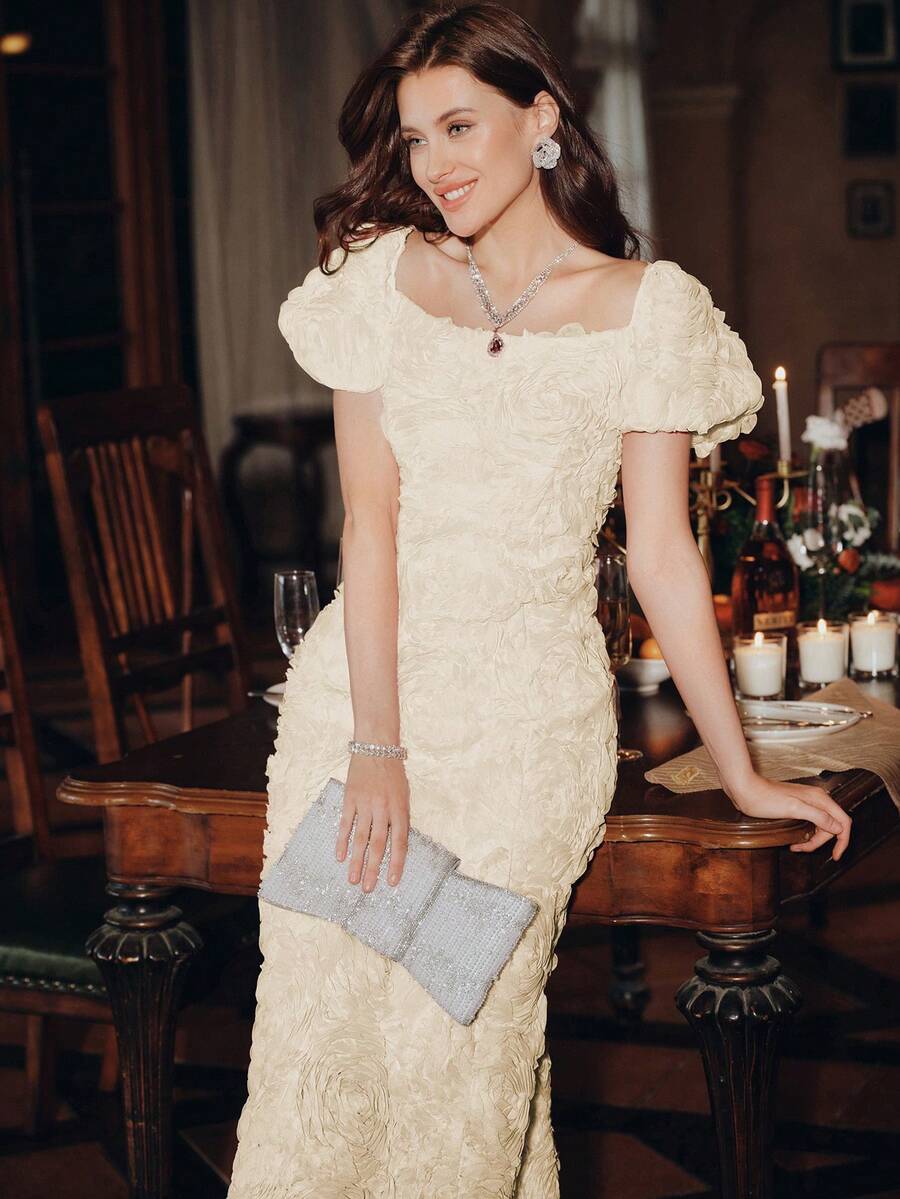 Anewsta Vestidos para Senhoras no Verão, Vestido Midi com Aplicação Floral Molly de Decote Quadrado, Vestidos Elegantes para Festa