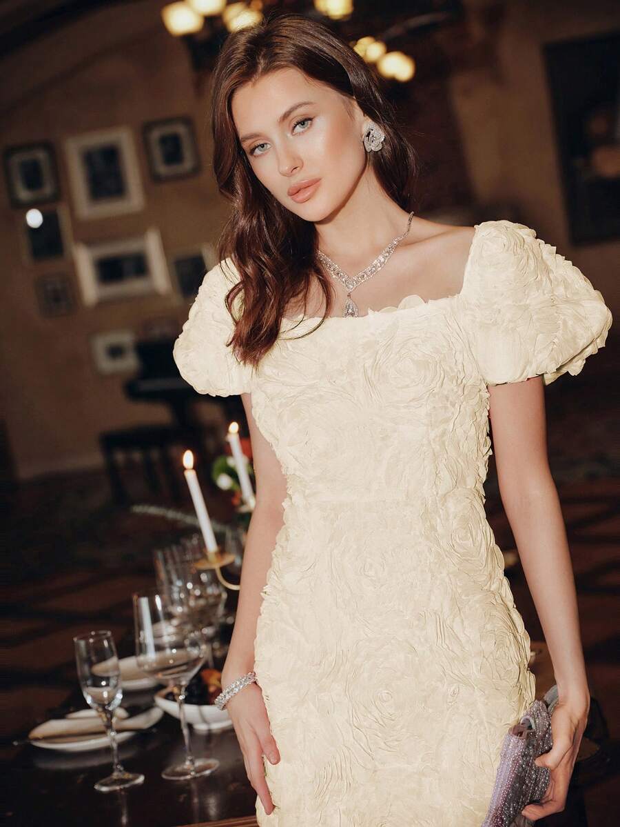 Anewsta Vestidos para Senhoras no Verão, Vestido Midi com Aplicação Floral Molly de Decote Quadrado, Vestidos Elegantes para Festa