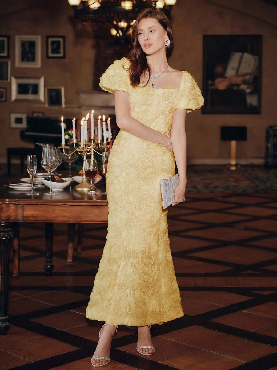 Anewsta Vestidos para Senhoras no Verão, Vestido Midi com Aplicação Floral Molly de Decote Quadrado, Vestidos Elegantes para Festa
