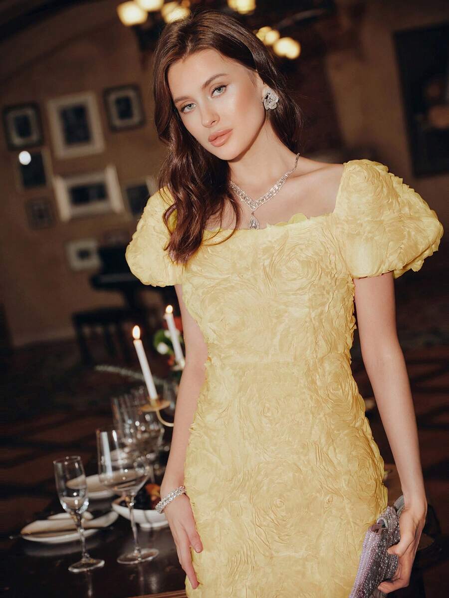 Anewsta Vestidos para Senhoras no Verão, Vestido Midi com Aplicação Floral Molly de Decote Quadrado, Vestidos Elegantes para Festa