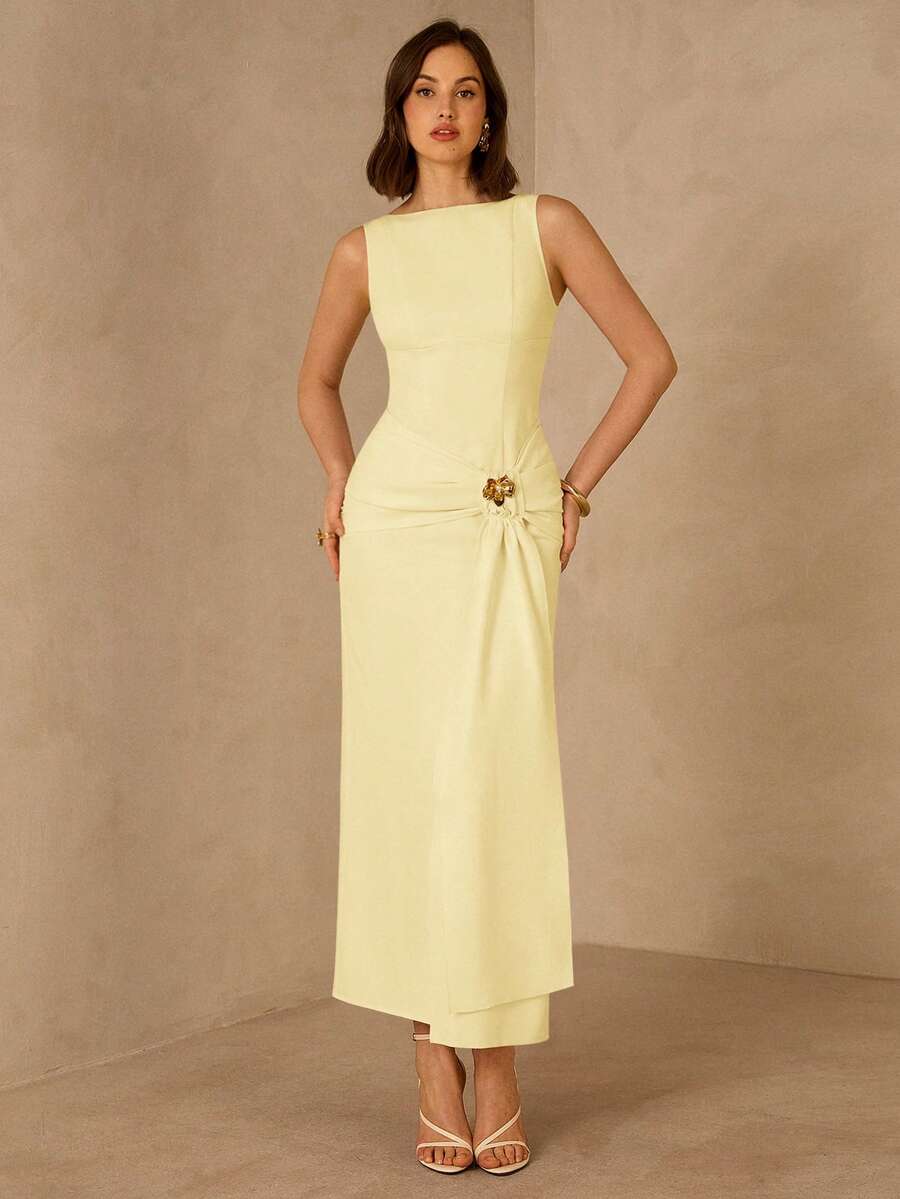 Enchnt Vestido Plissado de Luxo Francês, Vestido Formal Elegante e Ajustado de Alta Qualidade para Mulheres