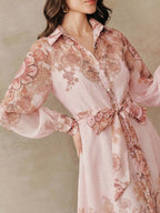 Anewsta Vestido Longo com Amarração na Cintura, Floral de Alta Qualidade em Cor Damasco, Primavera/Verão