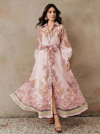 Anewsta Vestido Longo com Amarração na Cintura, Floral de Alta Qualidade em Cor Damasco, Primavera/Verão