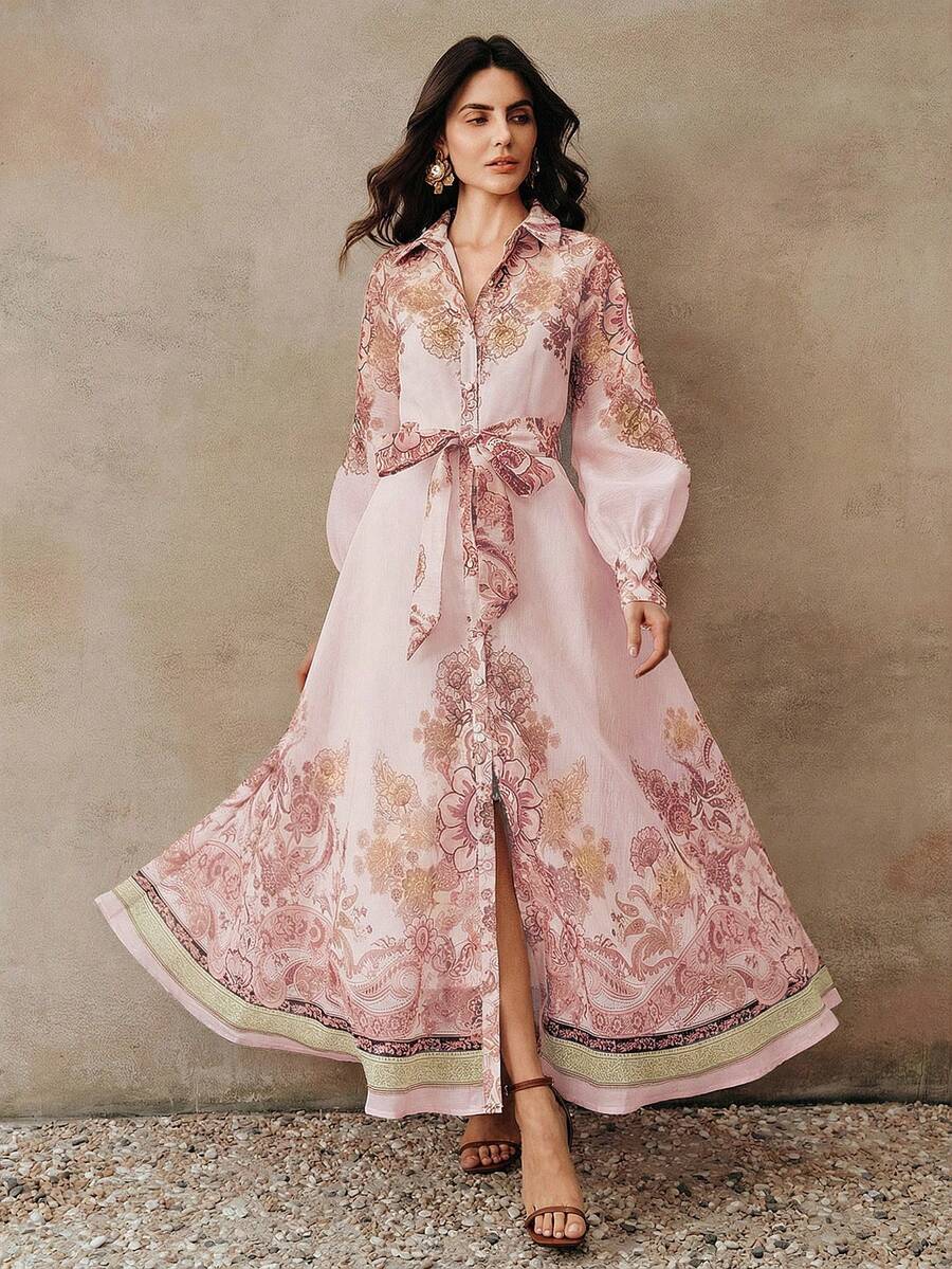 Anewsta Vestido Longo com Amarração na Cintura, Floral de Alta Qualidade em Cor Damasco, Primavera/Verão