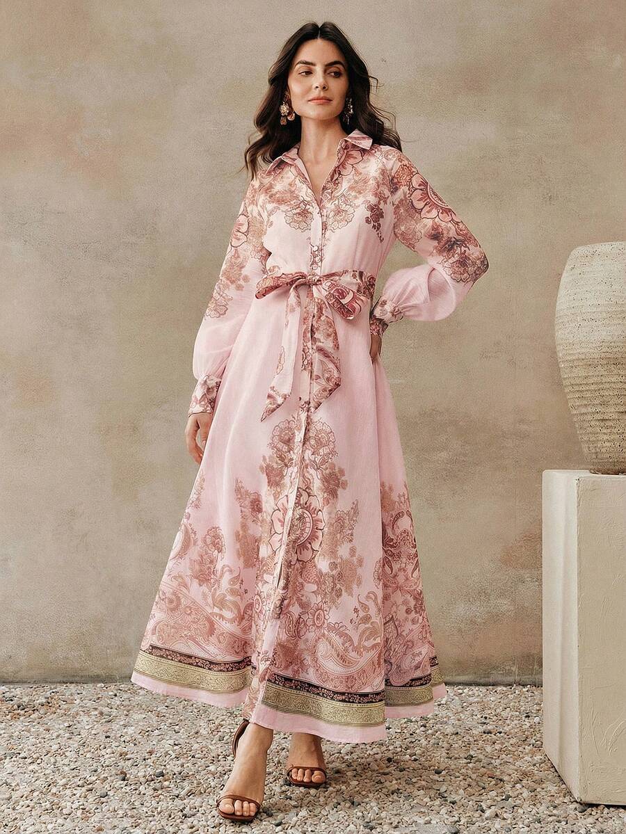 Anewsta Vestido Longo com Amarração na Cintura, Floral de Alta Qualidade em Cor Damasco, Primavera/Verão
